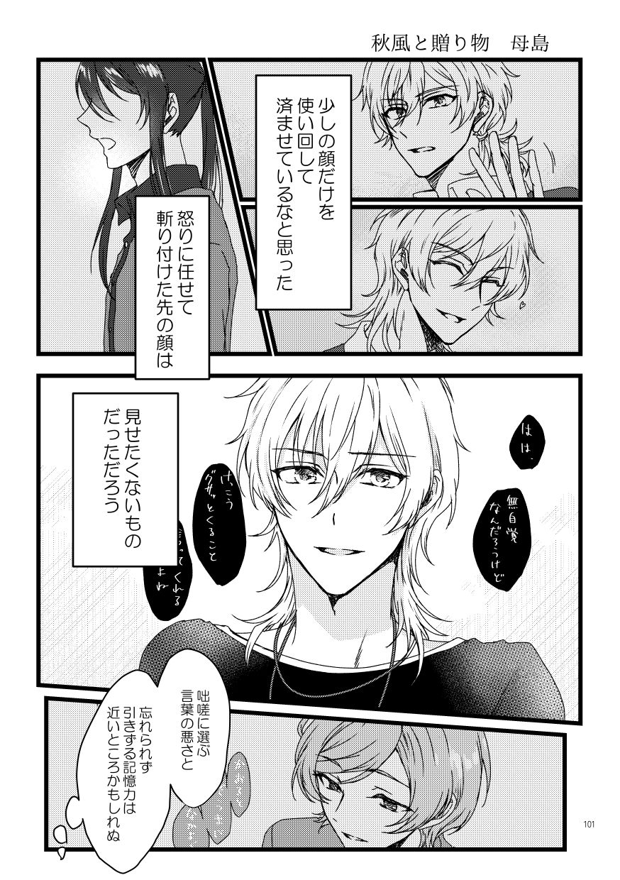 漫画作品。
                  過去を回想する神崎。男には冷たく、女に甘い笑顔を向ける羽風の姿。
                  神崎（少しの顔だけを使い回して済ませているなと思った。怒りに任せて斬り付けた先の顔は、見せたくないものだっただろう）
                  回想。アクアリウムにて、神崎の発言を受けて「はは、無自覚なんだろうけど、けっこうグサッとくること言ってくれるよね」と無理に取り繕ったような笑顔の羽風。
                  神崎（咄嗟に選ぶ言葉の悪さと、忘れられず引きずる記憶力は近いところかもしれぬ）