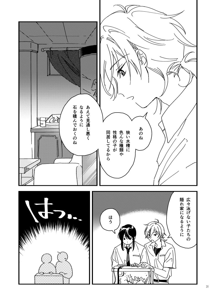 羽風「あのね、狭い水槽に色んな種類や性格の子が同居してるから、あえて見通し悪くなるように石を積んでおくのね。広々泳げない子たちの隠れ家になるように」
                  神崎「ほう」
                  水槽の世話に夢中で、いつのまにか至近距離で話し込んでいたことに気付きハッとする羽風。
                  （サンプルここまで）